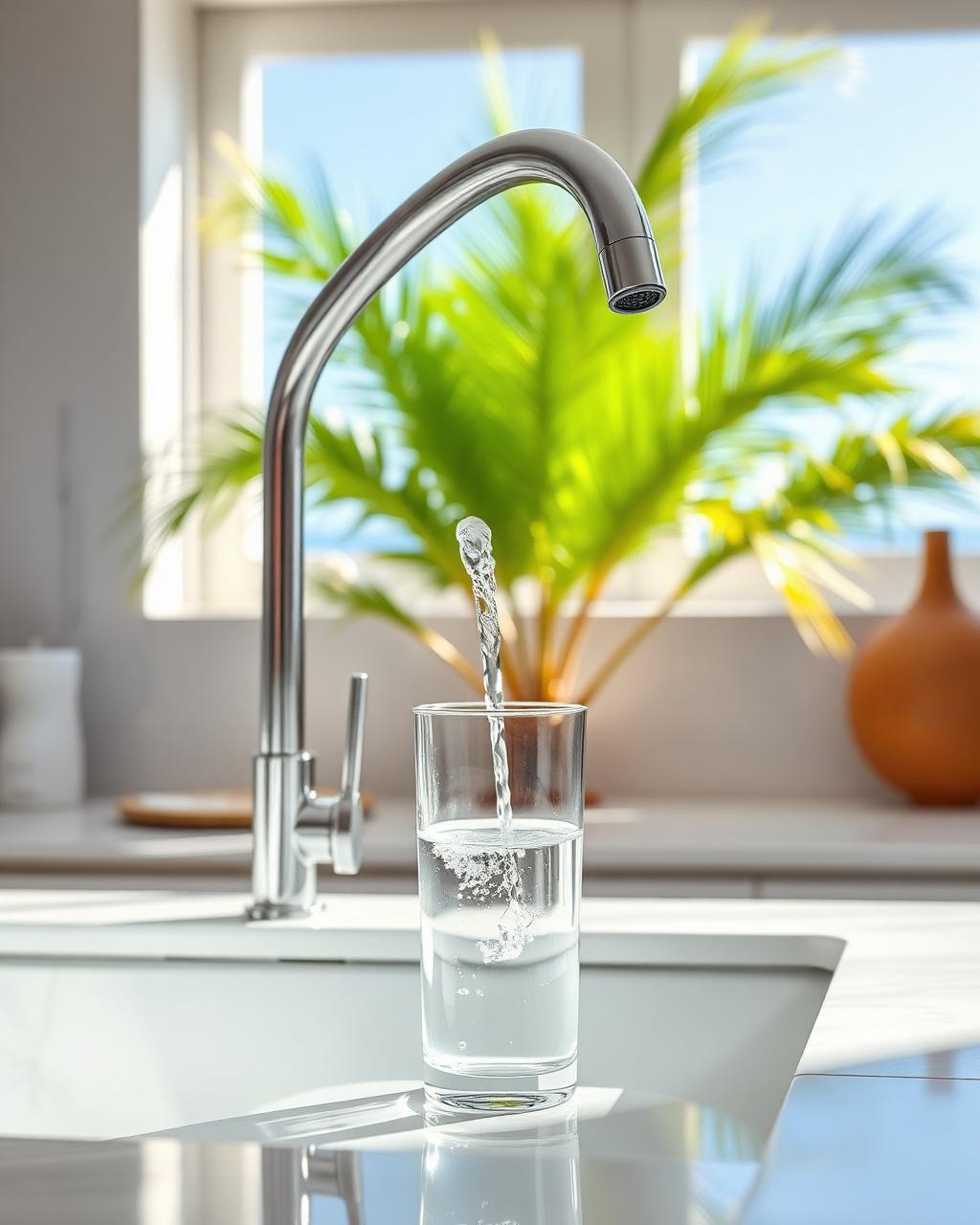 Filtered drinking water being poured in a bright Puerto Rican kitchen
